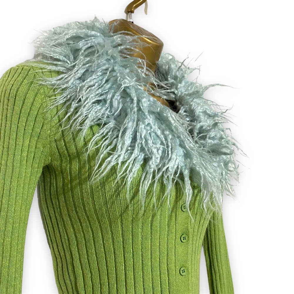 Urban Outfitters Cardigan Y2K Faux Fur Collar Cuffs Slim Fit Green XS Ribbed 90s - Picture 10 of 10